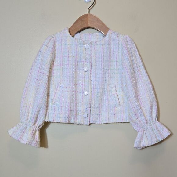 Janie & Jack Tweed Ruffle Sleeve Cropped Jacket Pastel Size 3 Dressy Preppy Luxe - Picture 14 of 14